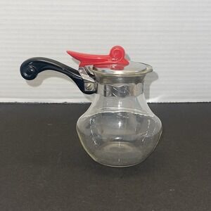 VTG Pyrex Carafe, Black Handle, Red & Chrome Lid 4 1/2" tall Art Deco Retro